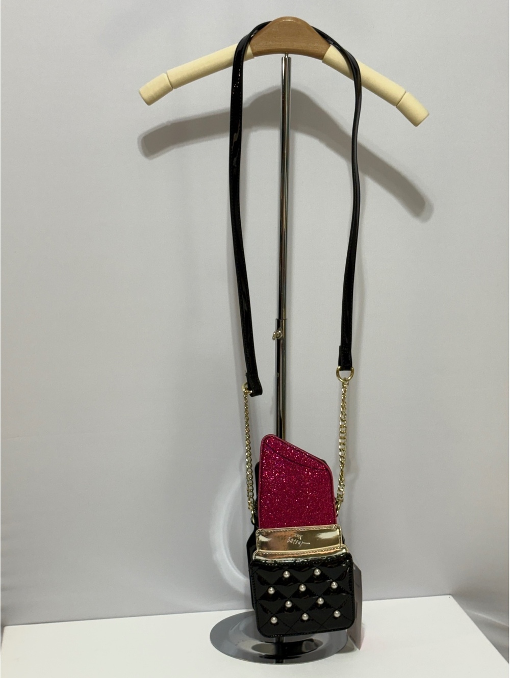 Betsey Johnson Lipstick Glitter Crossbody Bag Black Pink XOKISS NWT